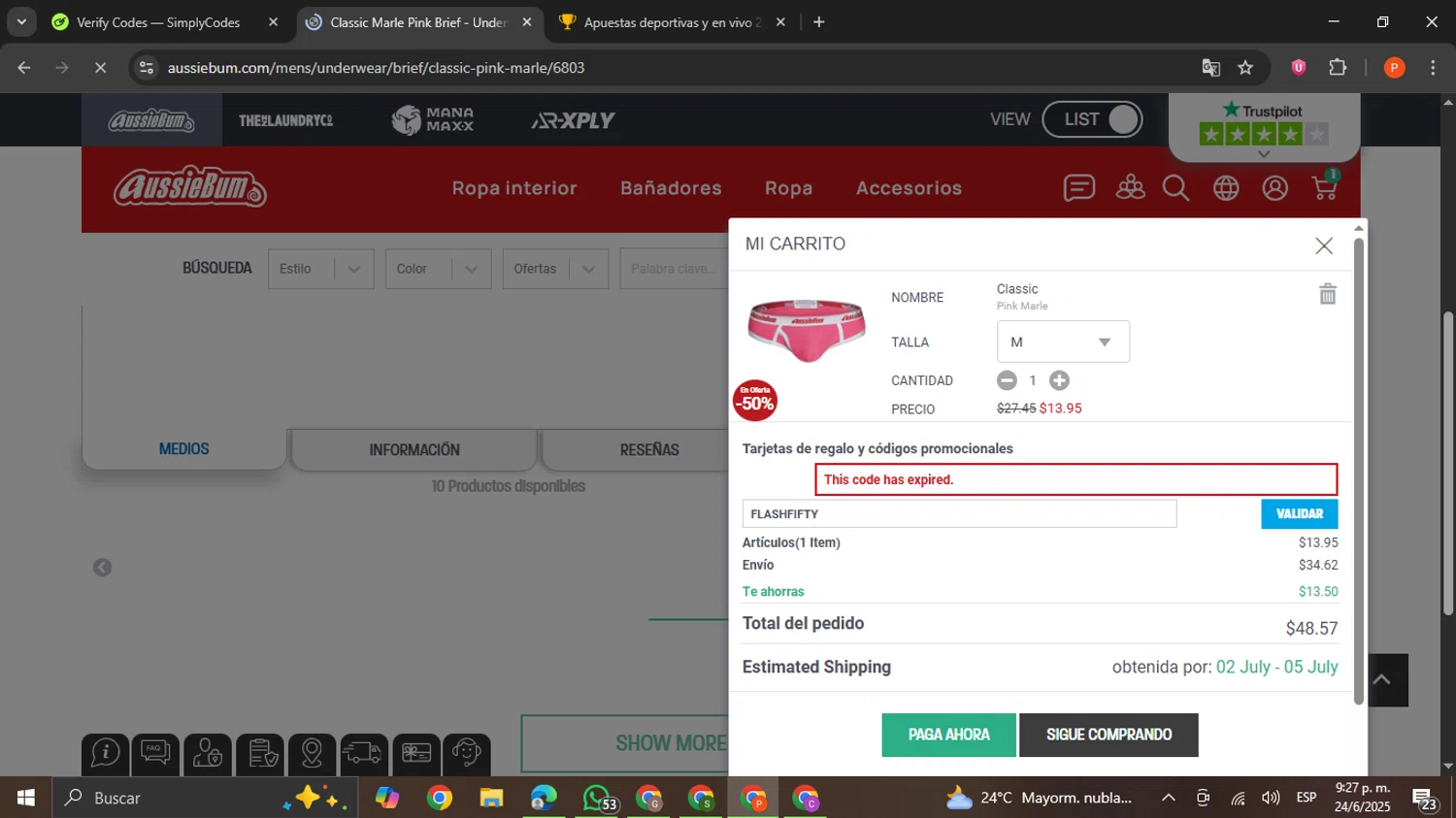 AussieBum promo code screenshot showing code FLASHFIFTY applied at AussieBum checkout page. Uploaded by SimplyCodes community member VictoriousCaptain2658 on Jun 25, 2025