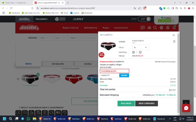 AussieBum checkout page showing AussieBum promo code box | Screenshot taken by SimplyCodes community member on Mar 5, 2025