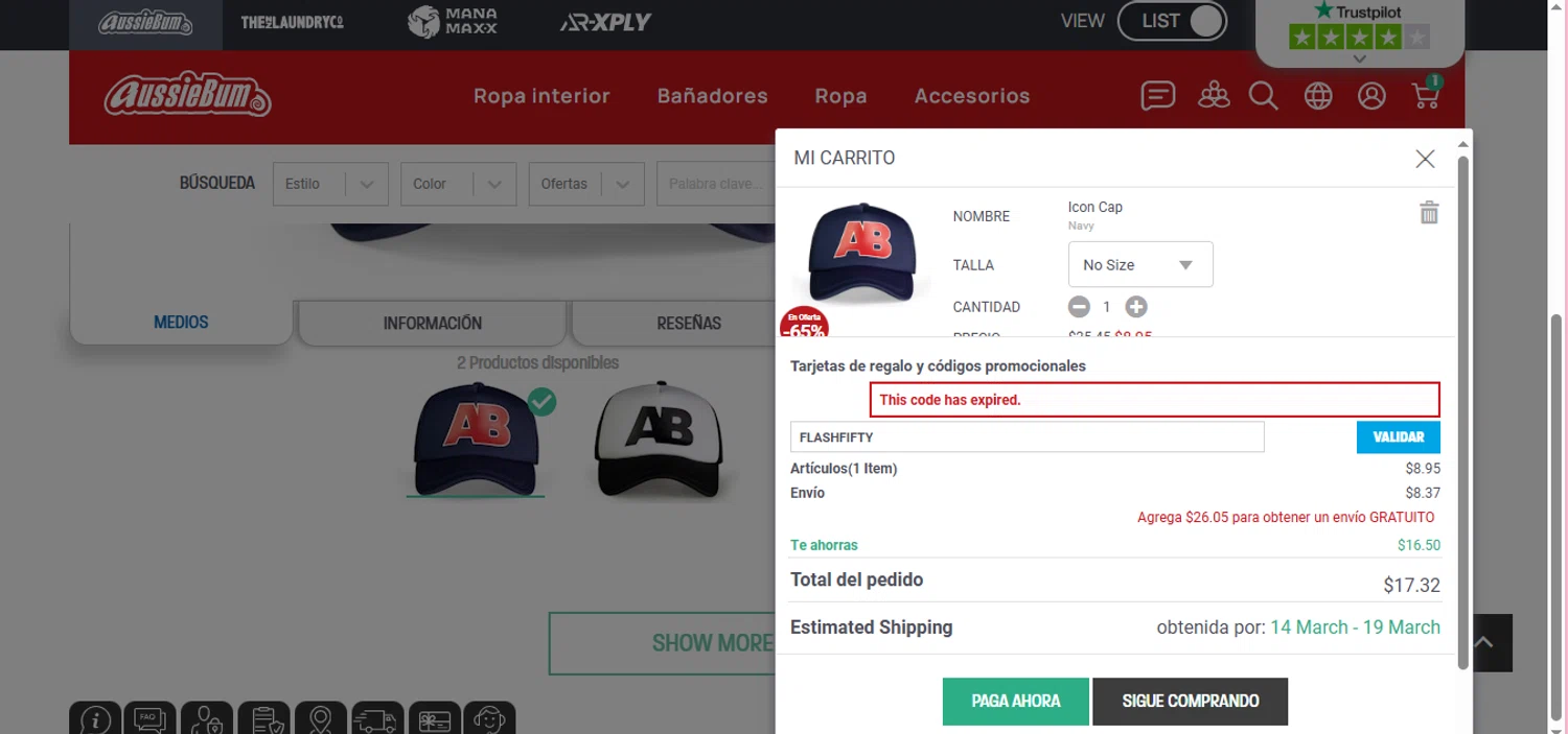 AussieBum promo code screenshot showing code FLASHFIFTY applied at AussieBum checkout page. Uploaded by SimplyCodes community member negrita on Mar 9, 2025