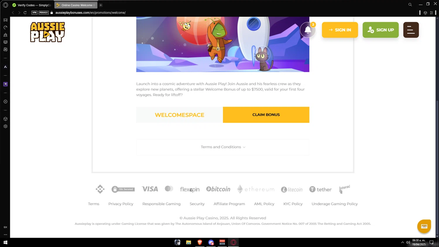 Aussie Play promo code screenshot showing code welcomespace applied at Aussie Play checkout page. Uploaded by SimplyCodes community member Vipera on Apr 19, 2025