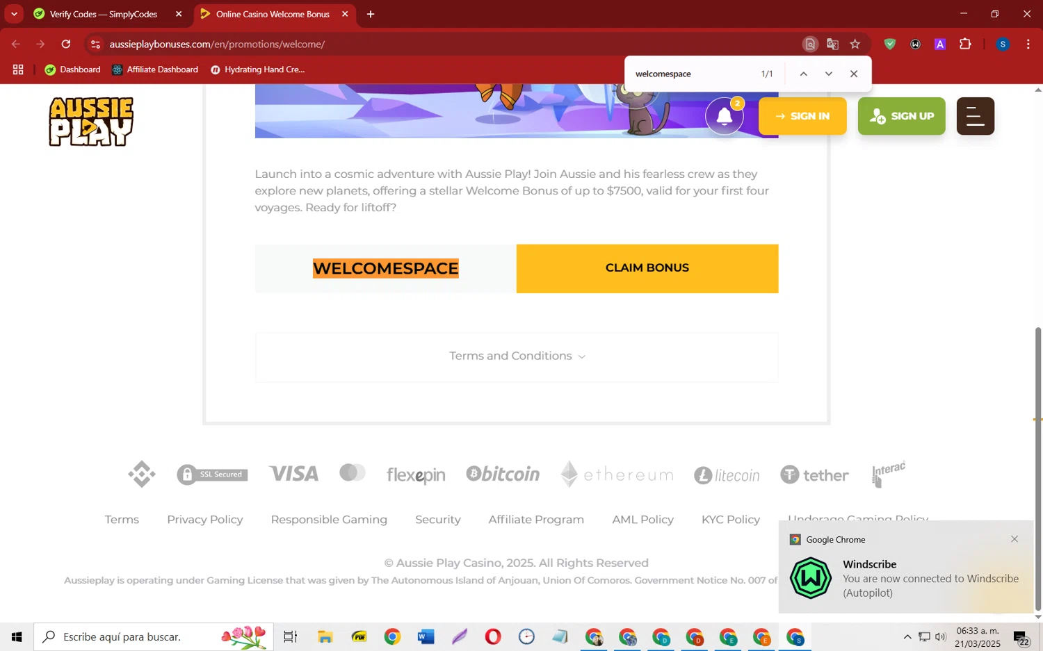 Aussie Play promo code screenshot showing code welcomespace applied at Aussie Play checkout page. Uploaded by SimplyCodes community member CleverOwl2485 on Mar 21, 2025