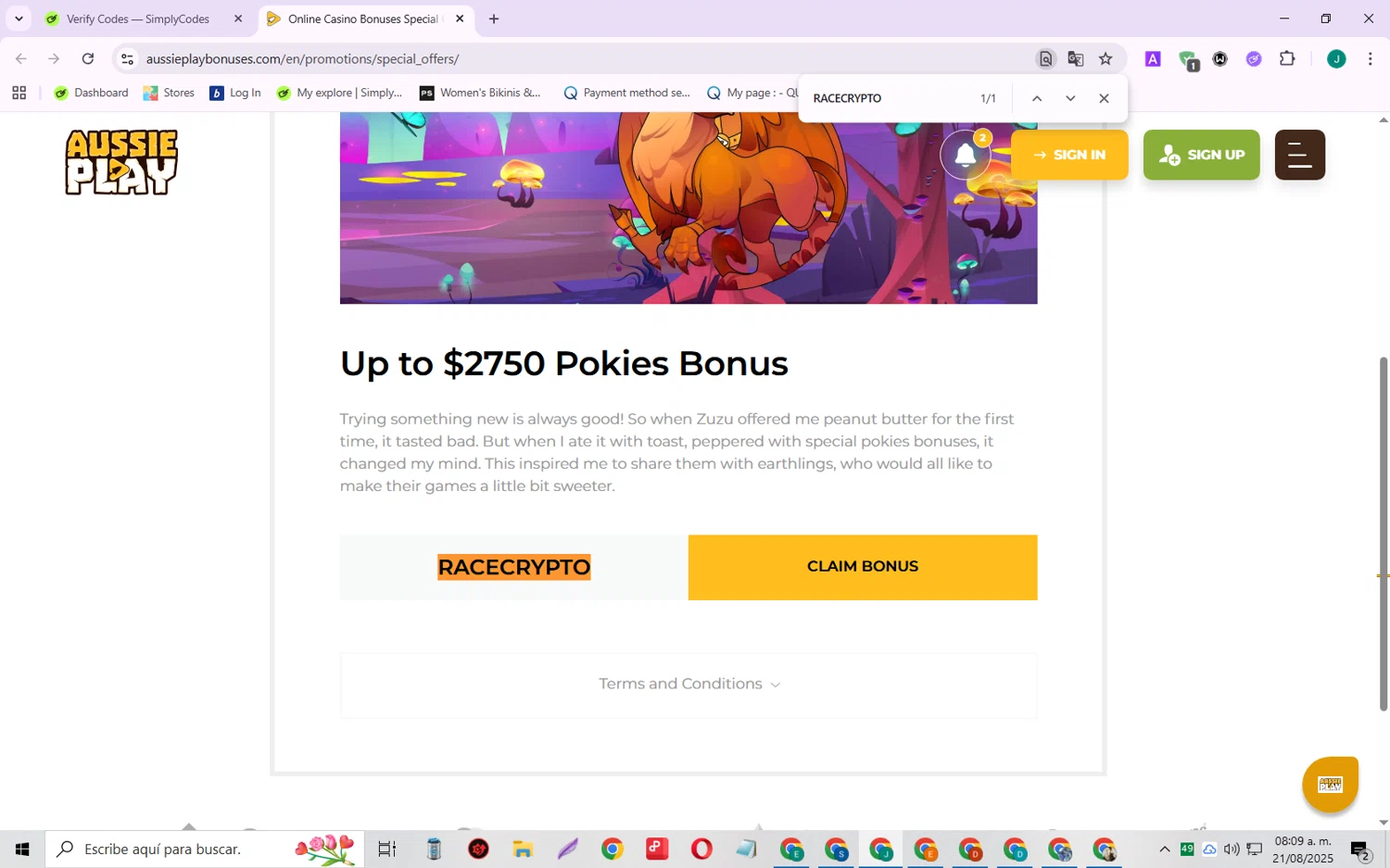 Aussie Play promo code screenshot showing code RACECRYPTO applied at Aussie Play checkout page. Uploaded by SimplyCodes community member SarayH on Aug 21, 2025