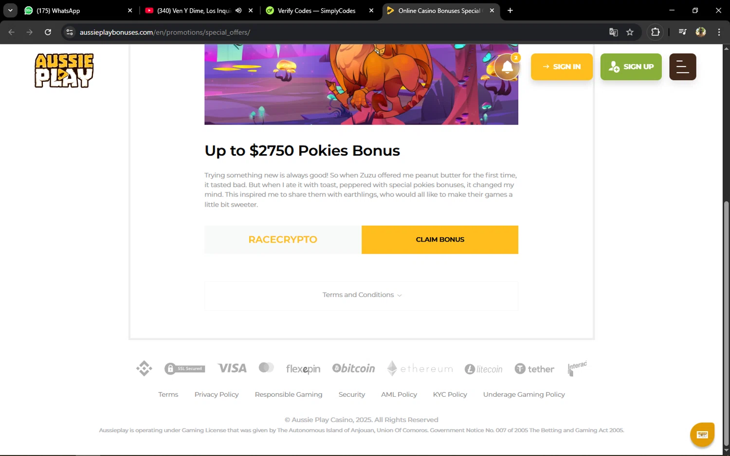 Aussie Play promo code screenshot showing code RACECRYPTO applied at Aussie Play checkout page. Uploaded by SimplyCodes community member ELVERDEDESAMP on Oct 18, 2025