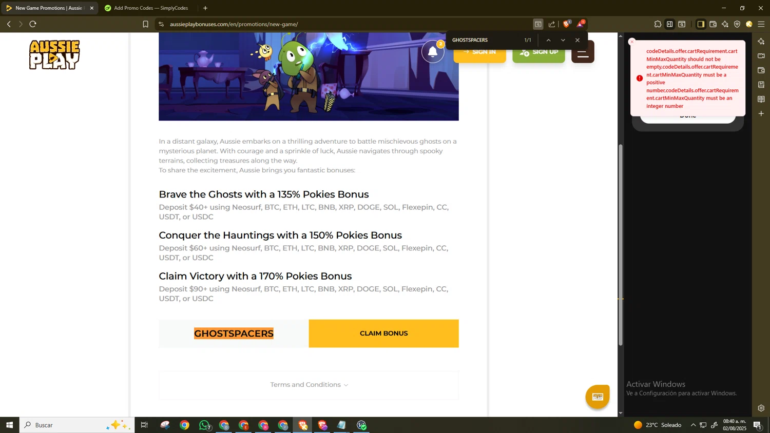 Aussie Play promo code screenshot showing code GHOSTSPACERS applied at Aussie Play checkout page. Uploaded by SimplyCodes community member CleverAce2928 on Aug 2, 2025