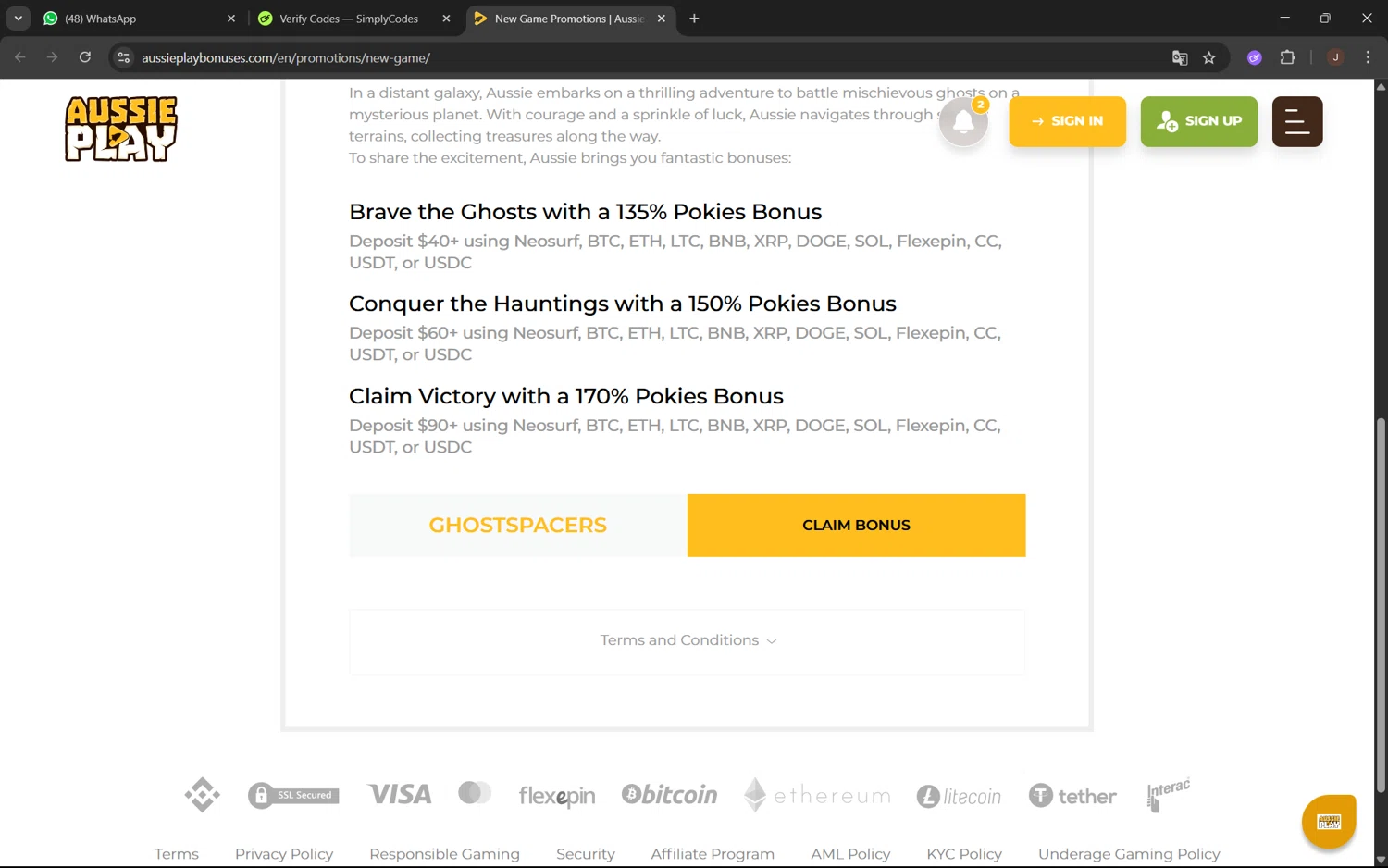 Aussie Play promo code screenshot showing code GHOSTSPACERS applied at Aussie Play checkout page. Uploaded by SimplyCodes community member juanx1702 on Jun 5, 2025