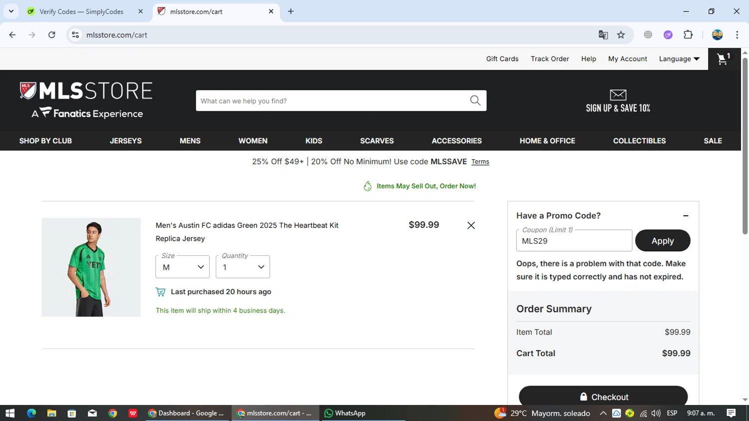 Austin FC promo code screenshot showing code MLS29 applied at Austin FC checkout page. Uploaded by SimplyCodes community member EpicTracker8800 on Nov 15, 2025