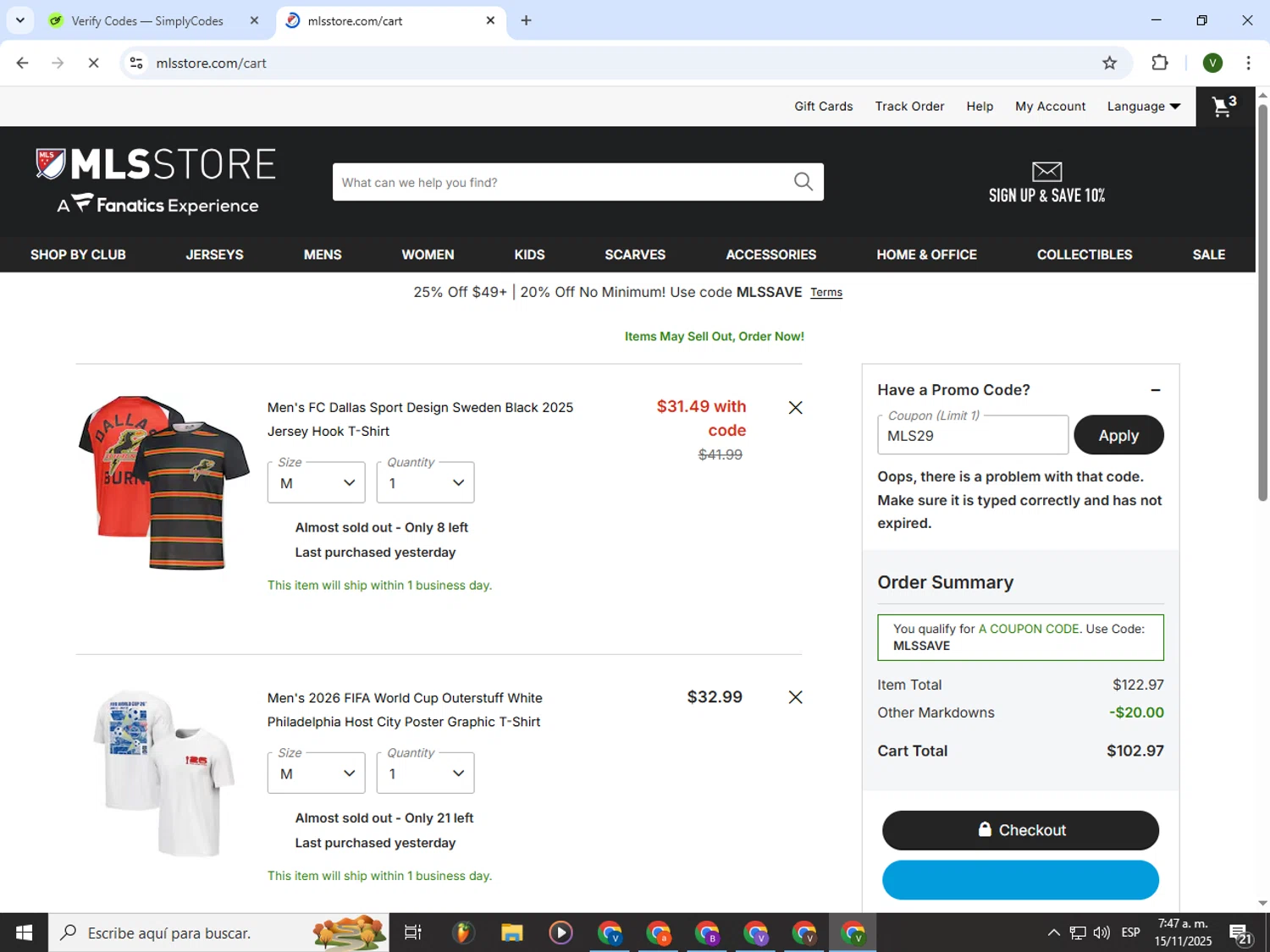 Austin FC promo code screenshot showing code MLS29 applied at Austin FC checkout page. Uploaded by SimplyCodes community member PrimeWizard4168 on Nov 15, 2025