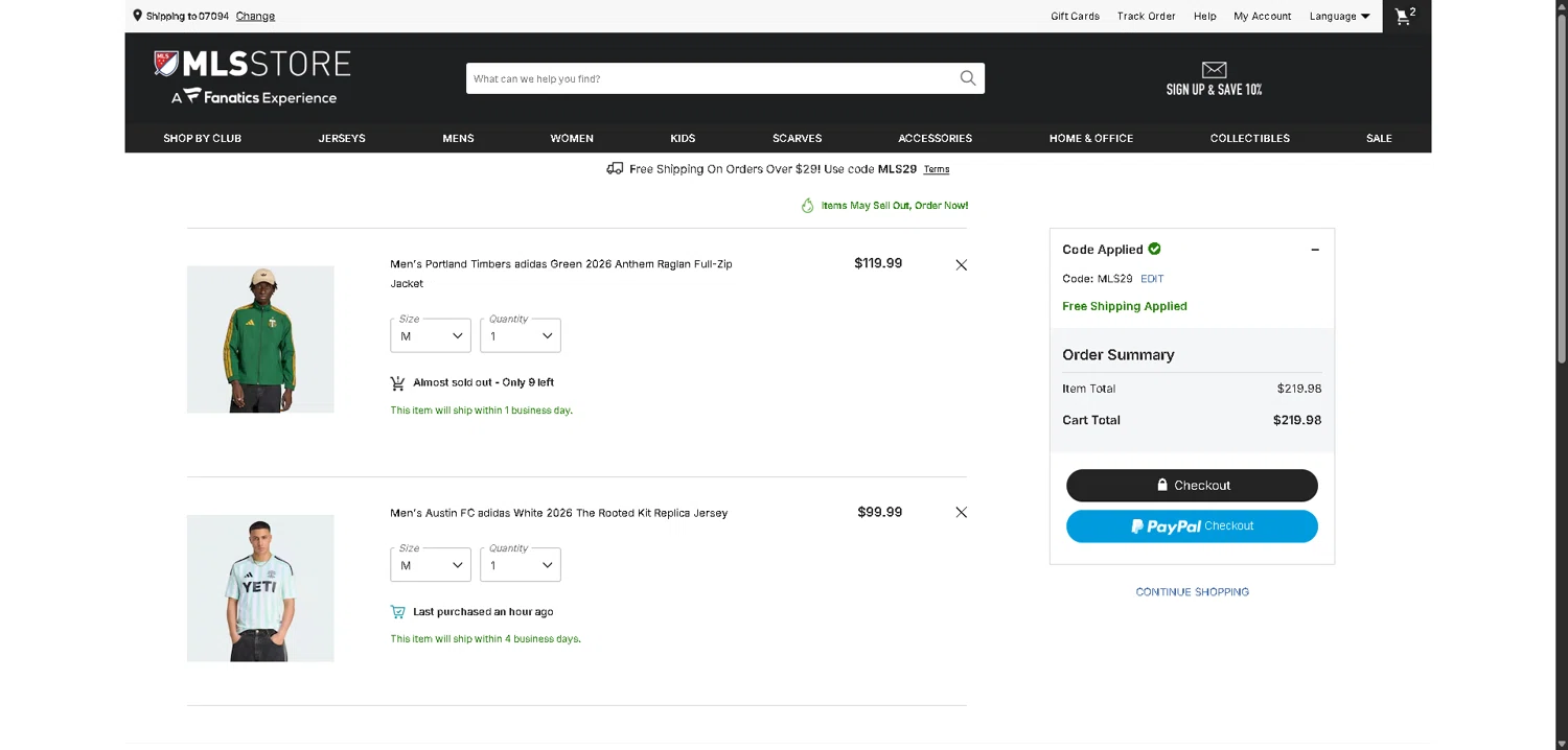 Austin FC checkout page showing Austin FC promo code box | Screenshot taken by SimplyCodes community member on Feb 12, 2026
