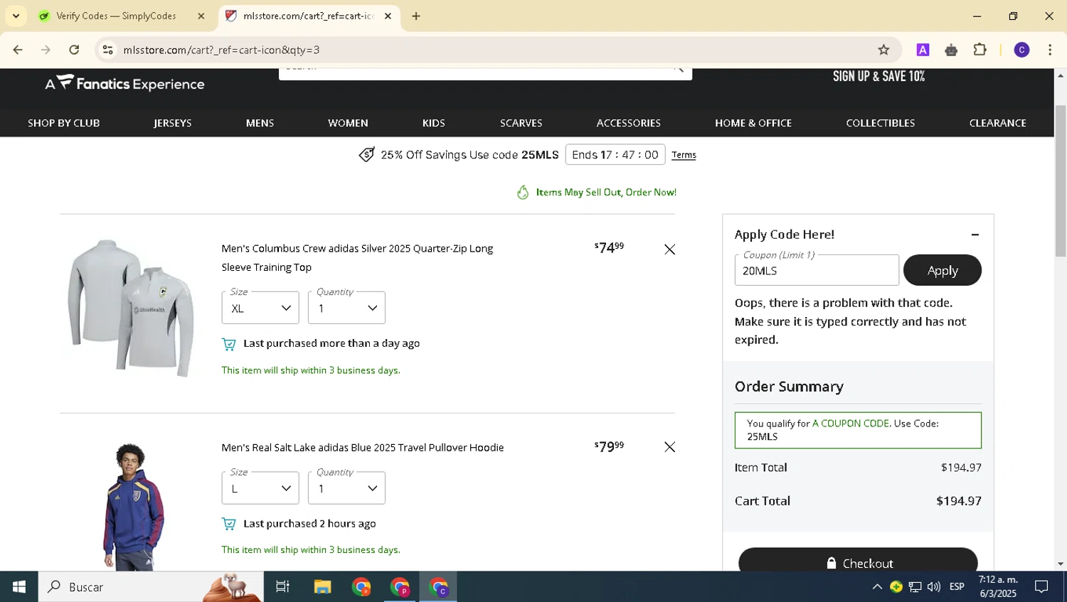 Austin FC promo code screenshot showing code 20MLS applied at Austin FC checkout page. Uploaded by SimplyCodes community member alexanderarnold on Mar 6, 2025