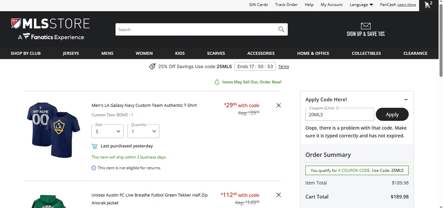 Austin FC promo code screenshot showing code 20MLS applied at Austin FC checkout page. Uploaded by SimplyCodes community member BrilliantFalcon6936 on Mar 6, 2025