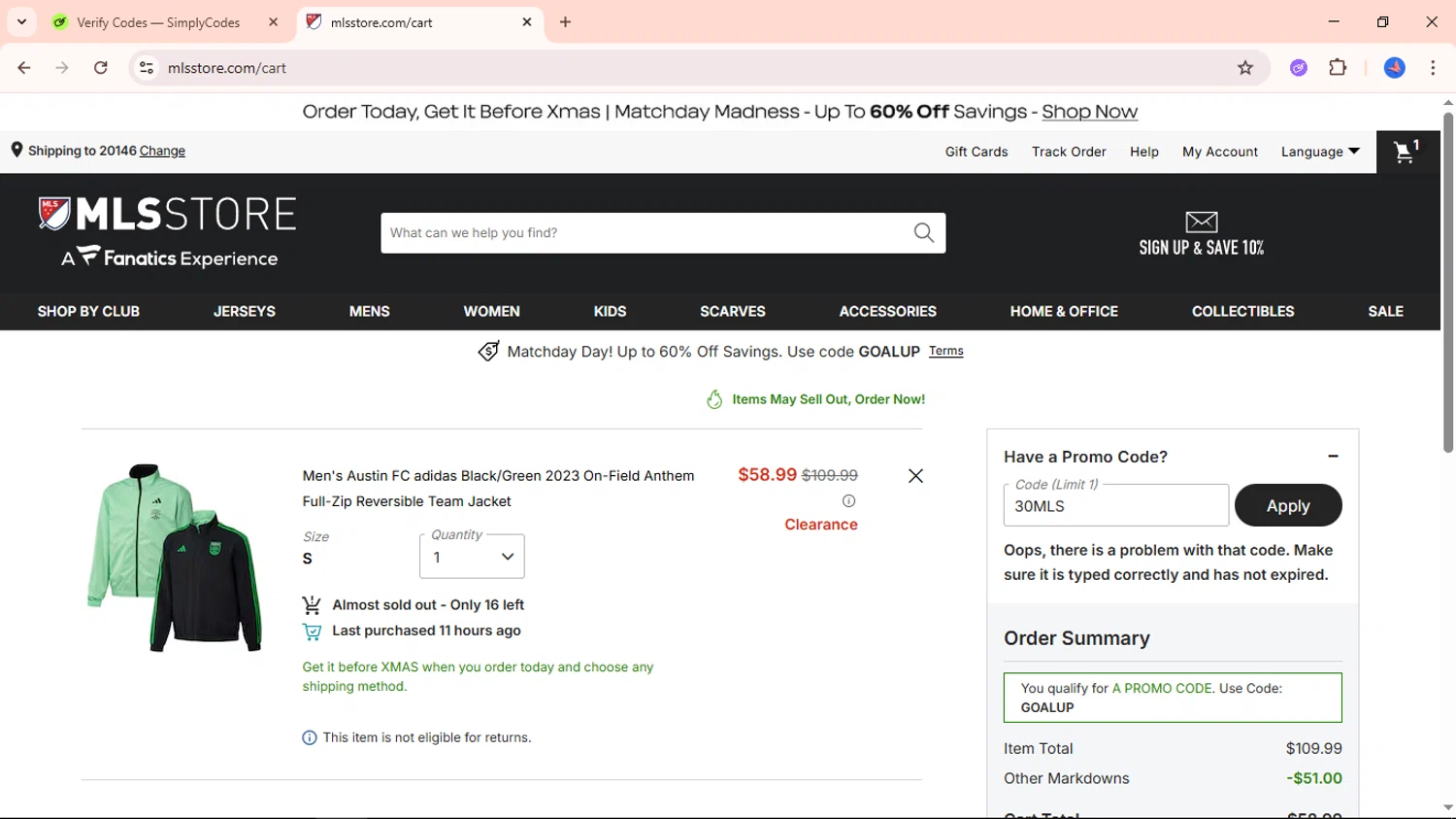 Austin FC promo code screenshot showing code 30MLS applied at Austin FC checkout page. Uploaded by SimplyCodes community member Avio_21 on Dec 6, 2025