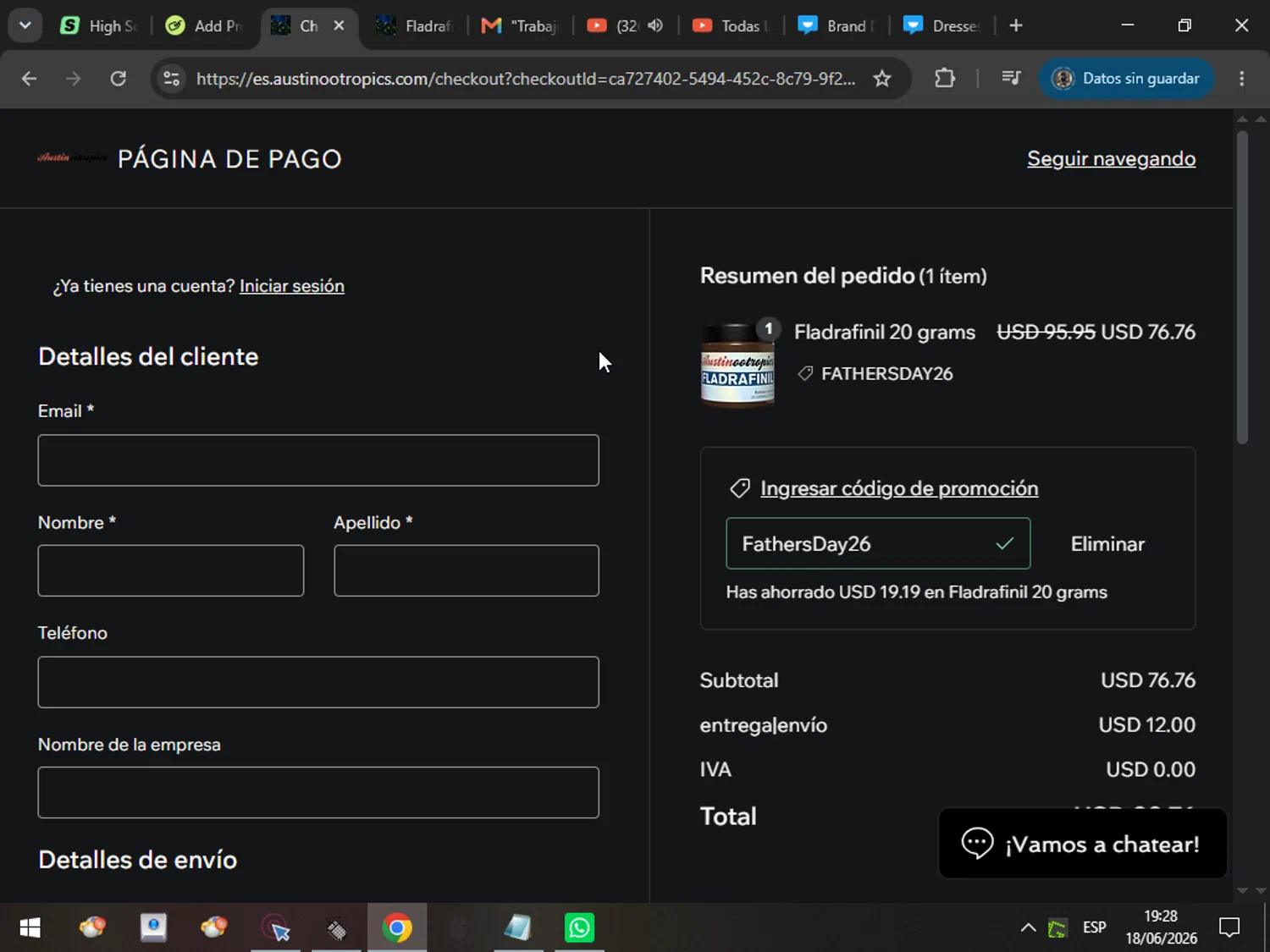 Austinootropics promo code screenshot showing code FathersDay26 applied at Austinootropics checkout page. Uploaded by SimplyCodes community member MarcosAranguren on Jun 19, 2026