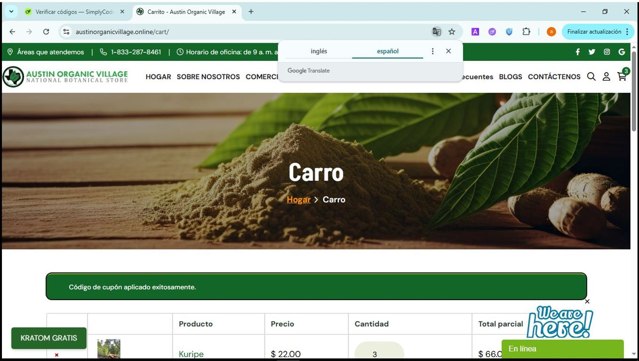 Austin Organic Village checkout page showing Austin Organic Village coupon code box | Screenshot taken by SimplyCodes community member on Jun 21, 2025
