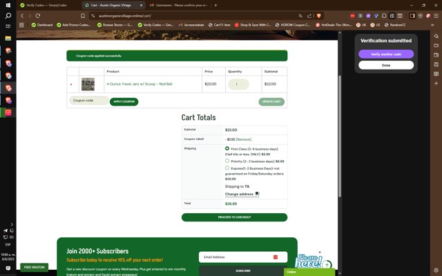 Austin Organic Village checkout page showing Austin Organic Village coupon code box | Screenshot taken by SimplyCodes community member on Aug 8, 2025