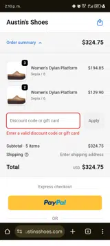 Austin's Shoes coupon verification screenshot