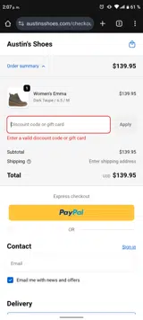 Austin's Shoes coupon verification screenshot