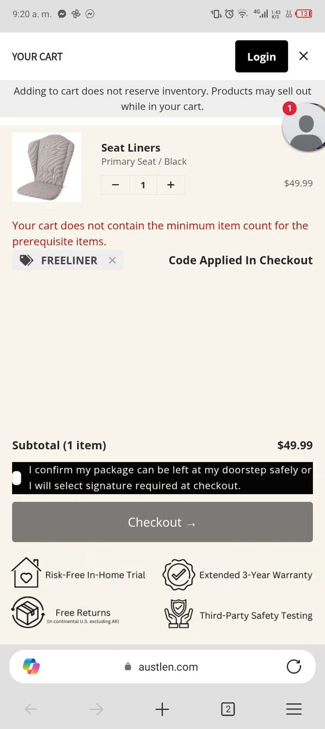 Austlen Baby Co promo code screenshot showing code FREELINER applied at Austlen Baby Co checkout page. Uploaded by SimplyCodes community member Enmanuel17 on Dec 10, 2025