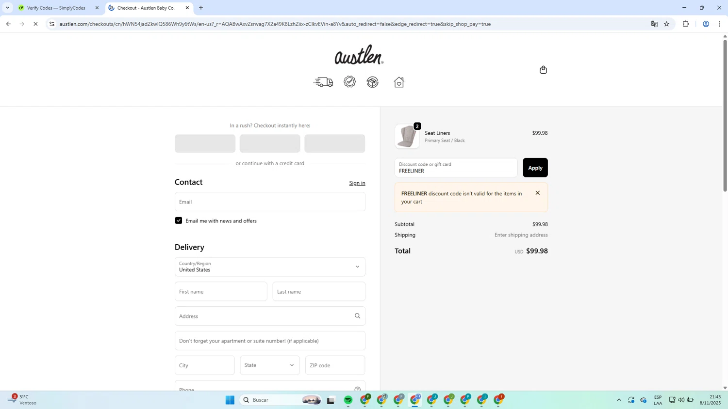 Austlen Baby Co promo code screenshot showing code FREELINER applied at Austlen Baby Co checkout page. Uploaded by SimplyCodes community member MagnificentCaptain7552 on Nov 9, 2025