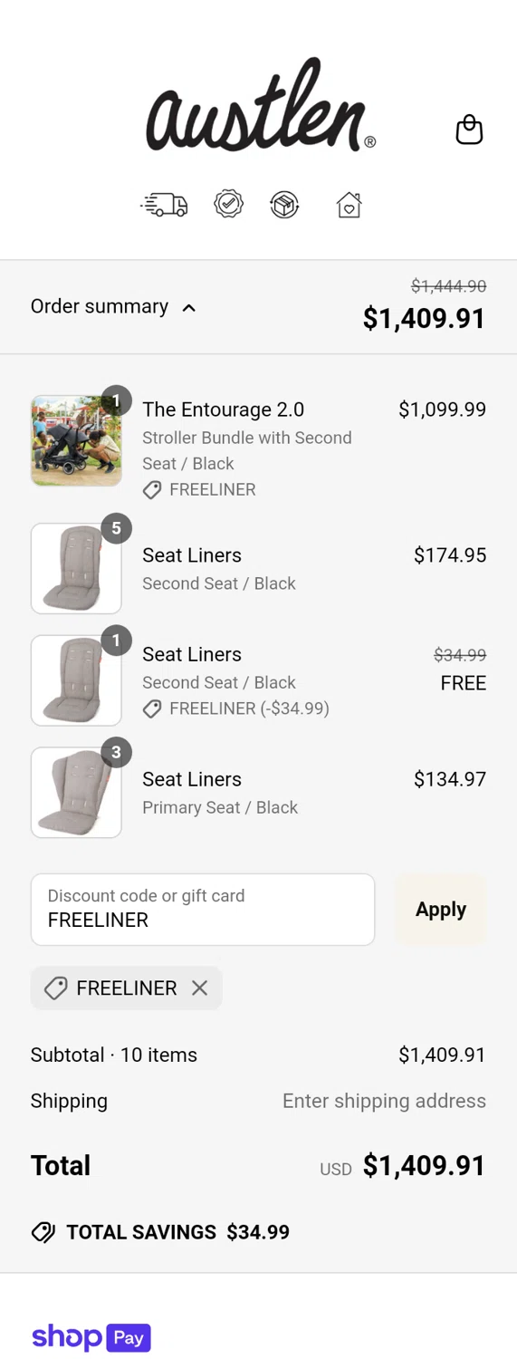 Austlen Baby Co promo code screenshot showing code FREELINER applied at Austlen Baby Co checkout page. Uploaded by SimplyCodes community member Vanecobyuv on Mar 17, 2025
