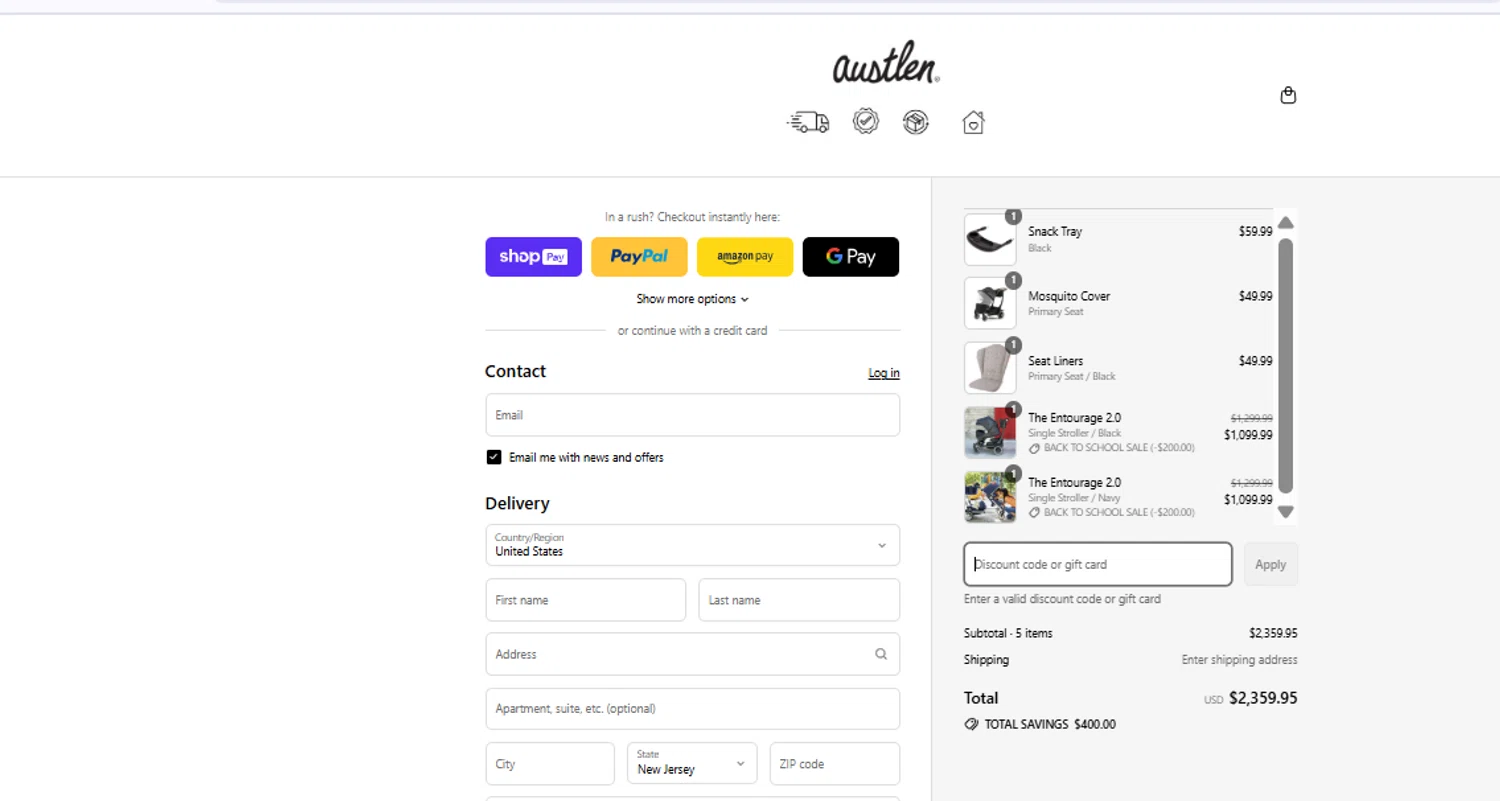 Austlen Baby Co promo code screenshot showing code GETCODENOW applied at Austlen Baby Co checkout page. Uploaded by SimplyCodes community member ExtraordinarySeeker9807 on Aug 15, 2025