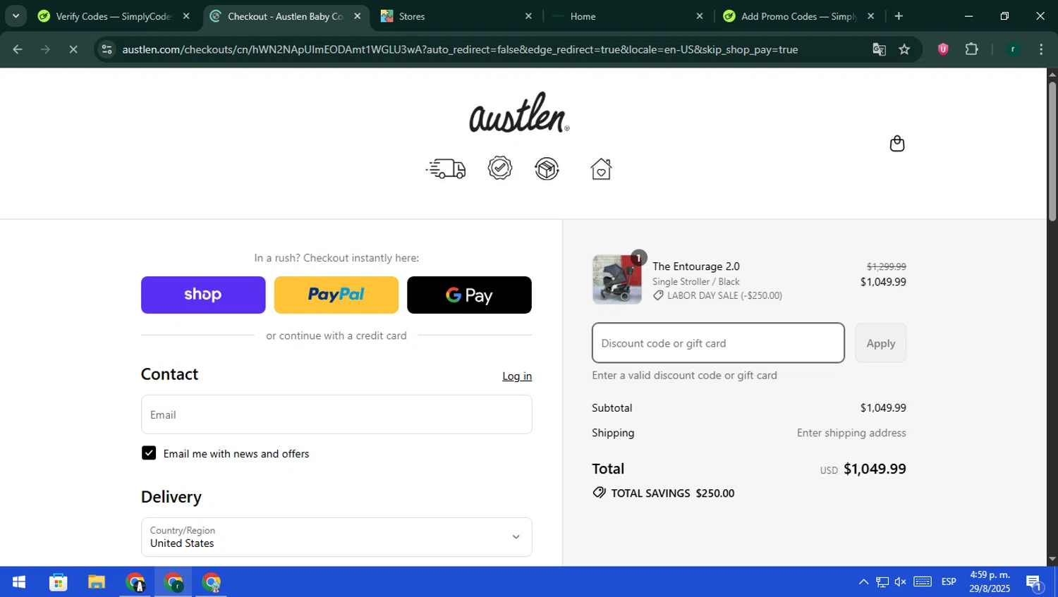 Austlen Baby Co promo code screenshot showing code $50OFF applied at Austlen Baby Co checkout page. Uploaded by SimplyCodes community member rodri1 on Aug 29, 2025