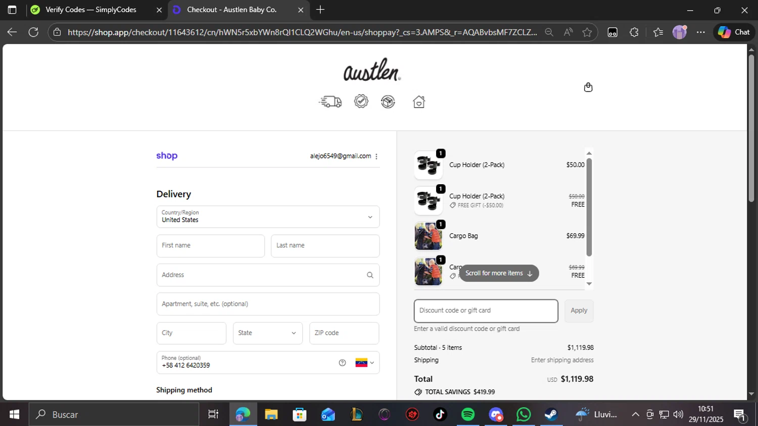 Austlen Baby Co promo code screenshot showing code Welcome applied at Austlen Baby Co checkout page. Uploaded by SimplyCodes community member THEBANANA on Nov 29, 2025