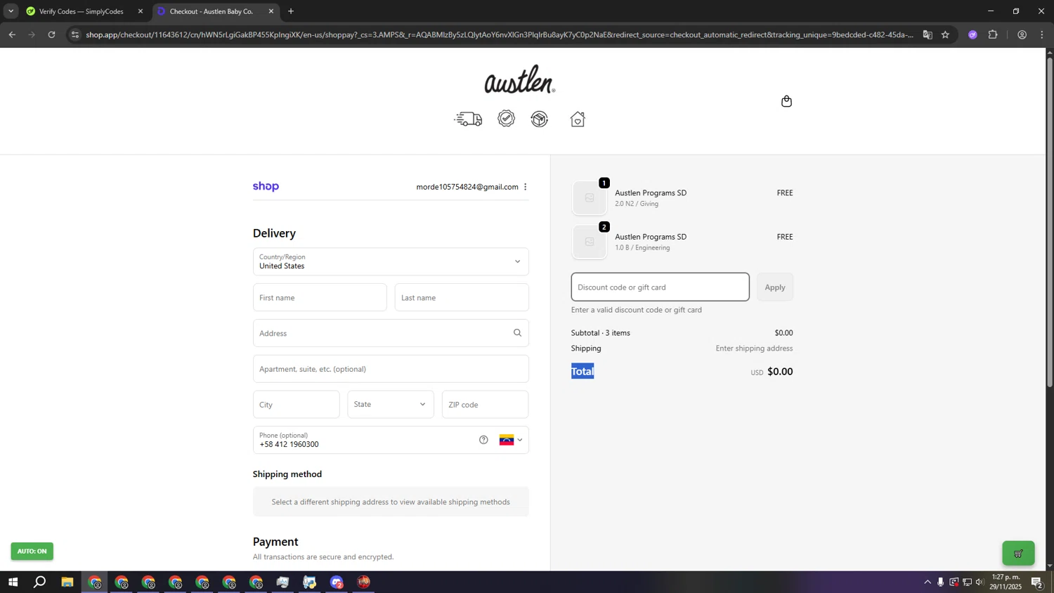 Austlen Baby Co promo code screenshot showing code Welcome applied at Austlen Baby Co checkout page. Uploaded by SimplyCodes community member kkkkkkkkkkkkkkkkkkkk on Nov 29, 2025