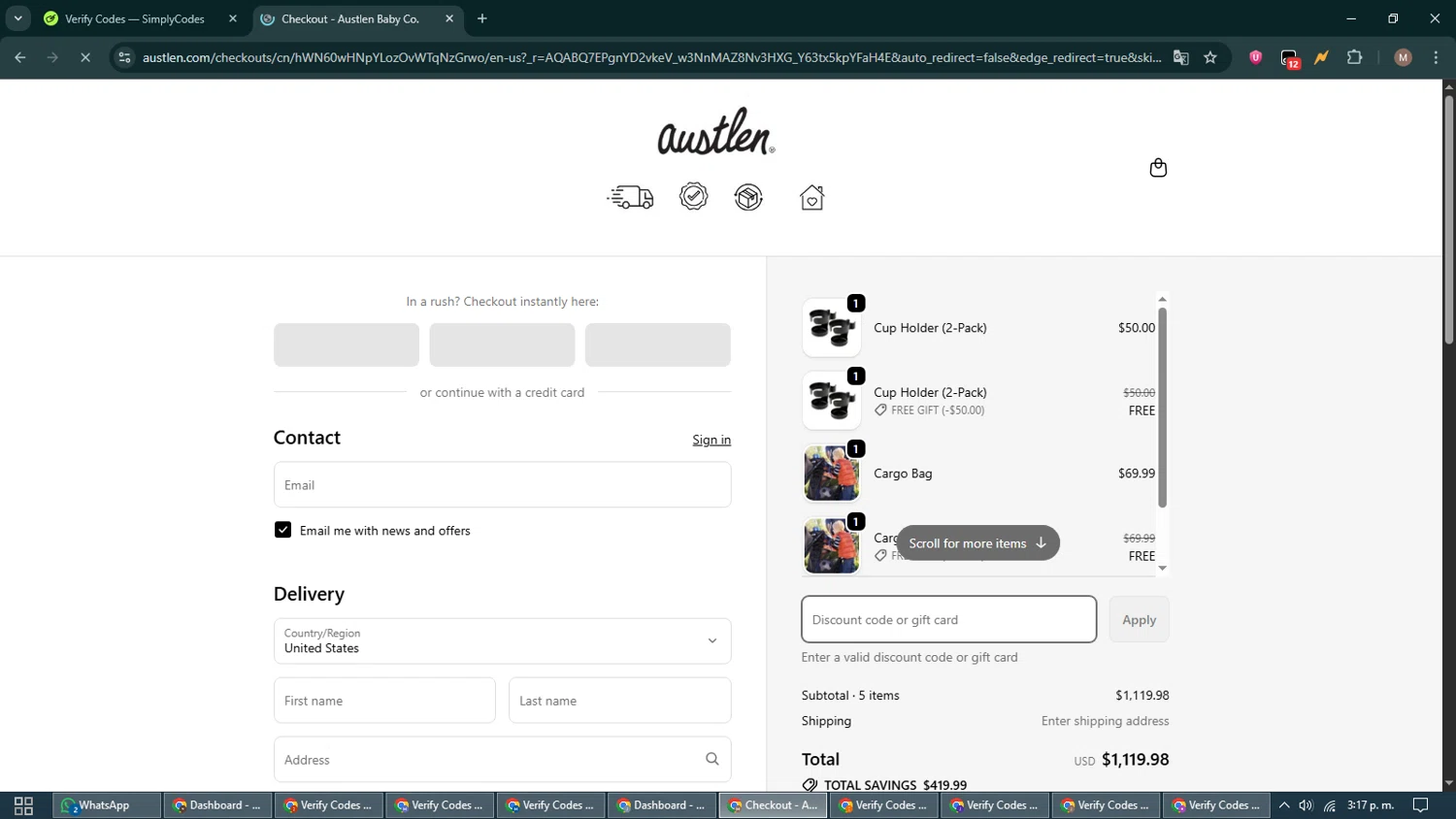 Austlen Baby Co promo code screenshot showing code Welcomecode applied at Austlen Baby Co checkout page. Uploaded by SimplyCodes community member DiscountTitan4635 on Dec 3, 2025