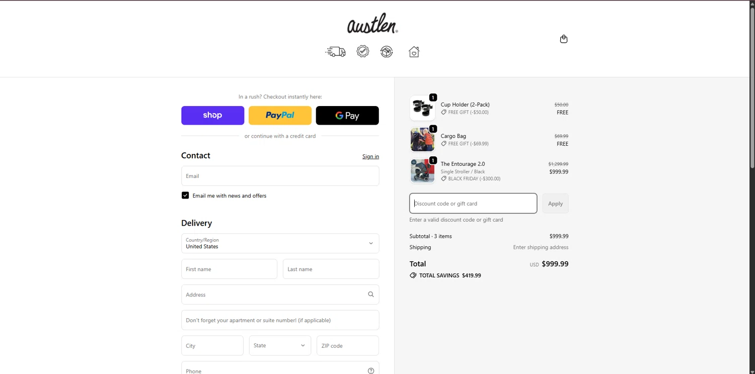 Austlen Baby Co promo code screenshot showing code Welcomecode applied at Austlen Baby Co checkout page. Uploaded by SimplyCodes community member FortunateDefender7285 on Nov 30, 2025
