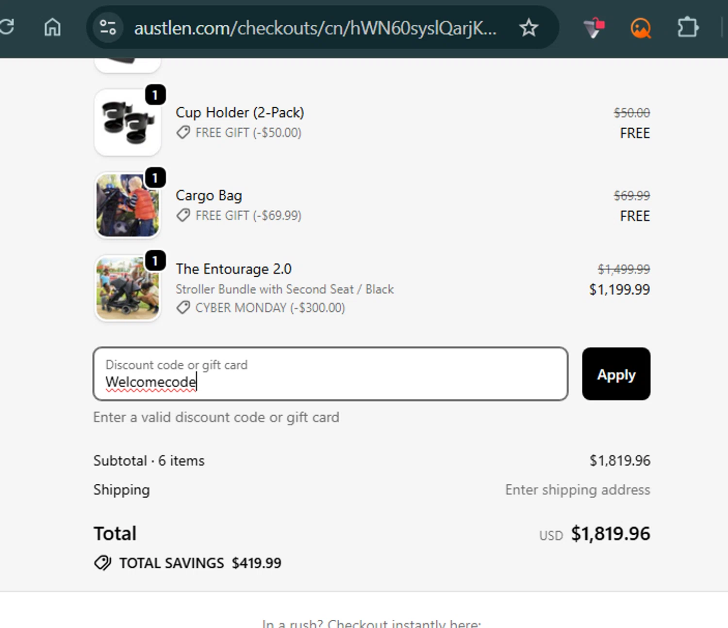 Austlen Baby Co promo code screenshot showing code Welcomecode applied at Austlen Baby Co checkout page. Uploaded by SimplyCodes community member zhandrak on Dec 3, 2025