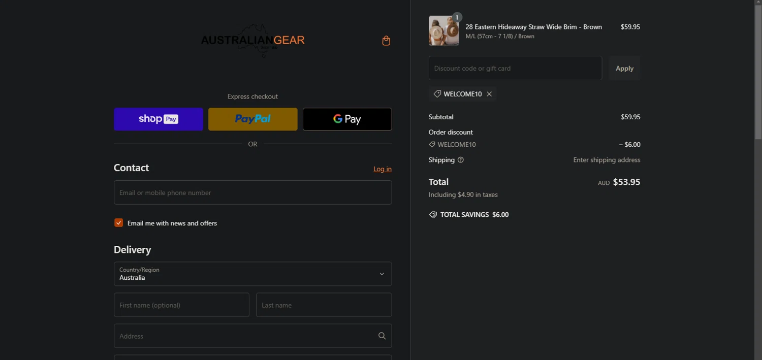 Australian Gear discount code screenshot showing code WELCOME10 applied at Australian Gear checkout page. Uploaded by SimplyCodes community member Nor_man on Jan 17, 2025