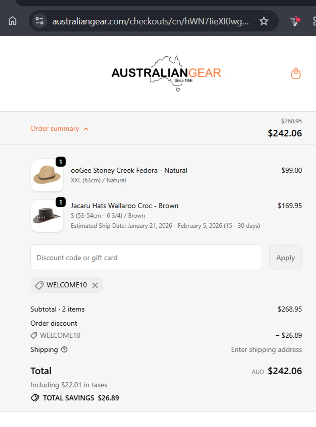 Australian Gear checkout page showing Australian Gear discount code box | Screenshot taken by SimplyCodes community member on Jan 6, 2026