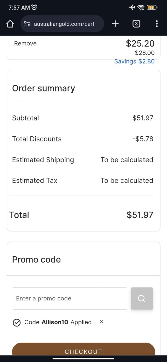 Australian Gold checkout page showing Australian Gold promo code box | Screenshot taken by SimplyCodes community member on Aug 18, 2024