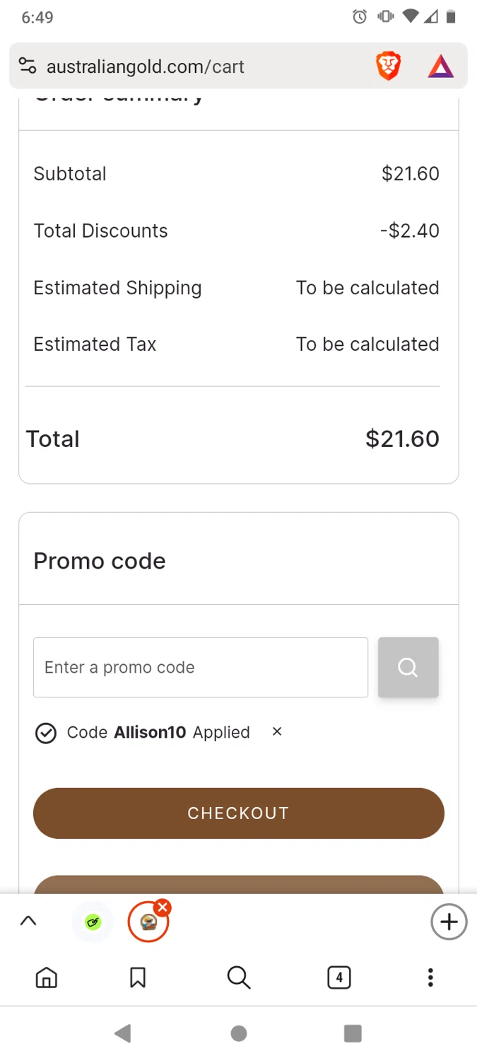 Australian Gold checkout page showing Australian Gold promo code box | Screenshot taken by SimplyCodes community member on Sep 25, 2024