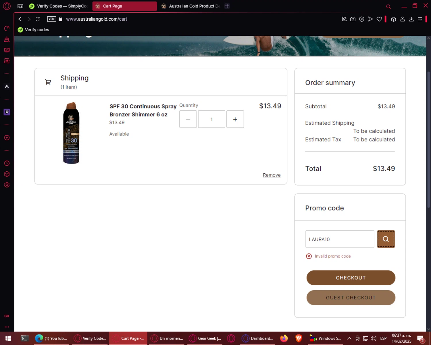 Australian Gold promo code screenshot showing code LAURA10 applied at Australian Gold checkout page. Uploaded by SimplyCodes community member CuponEscobar on Feb 14, 2025