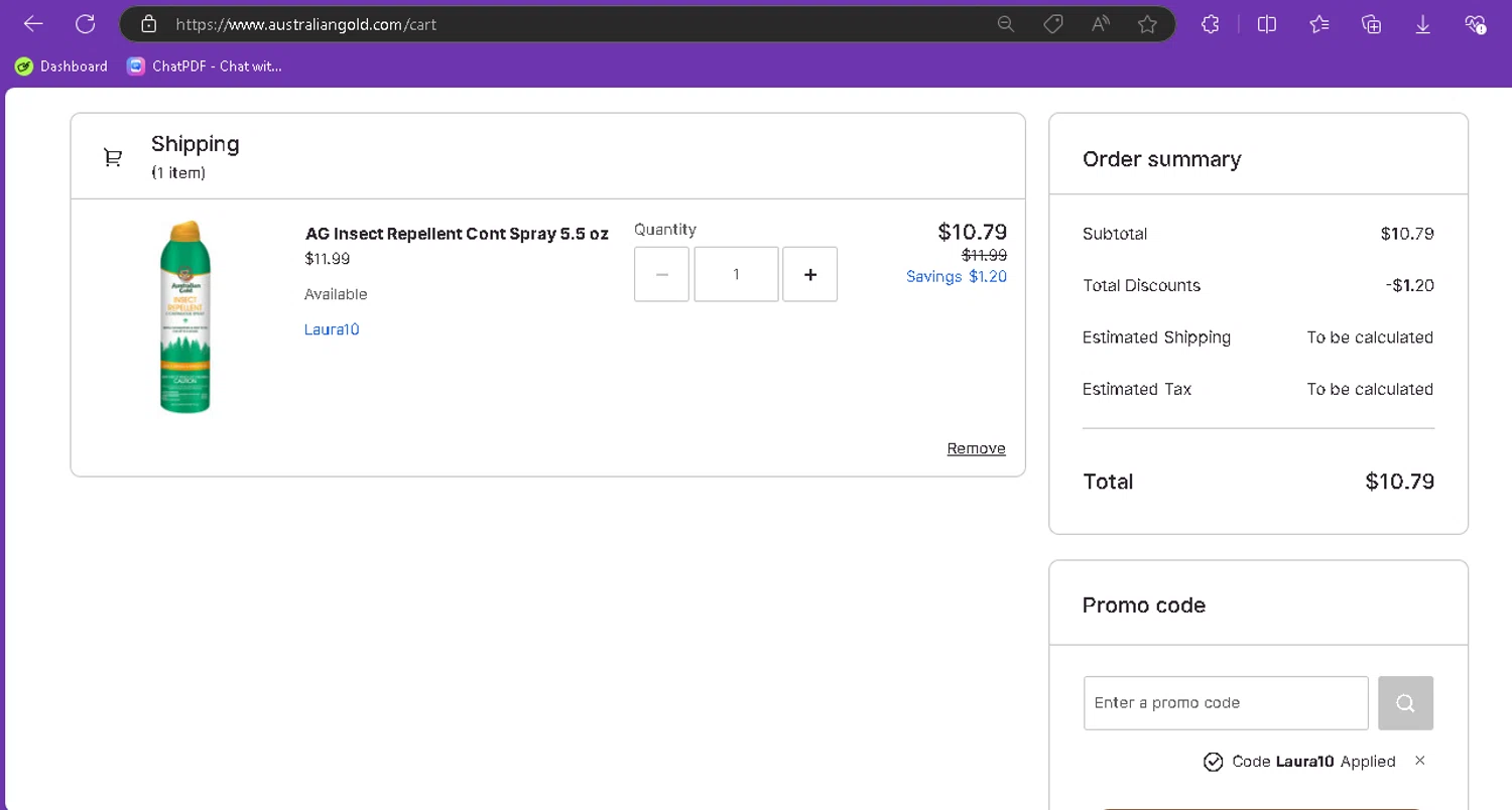 Australian Gold checkout page showing Australian Gold promo code box | Screenshot taken by SimplyCodes community member on Sep 25, 2024