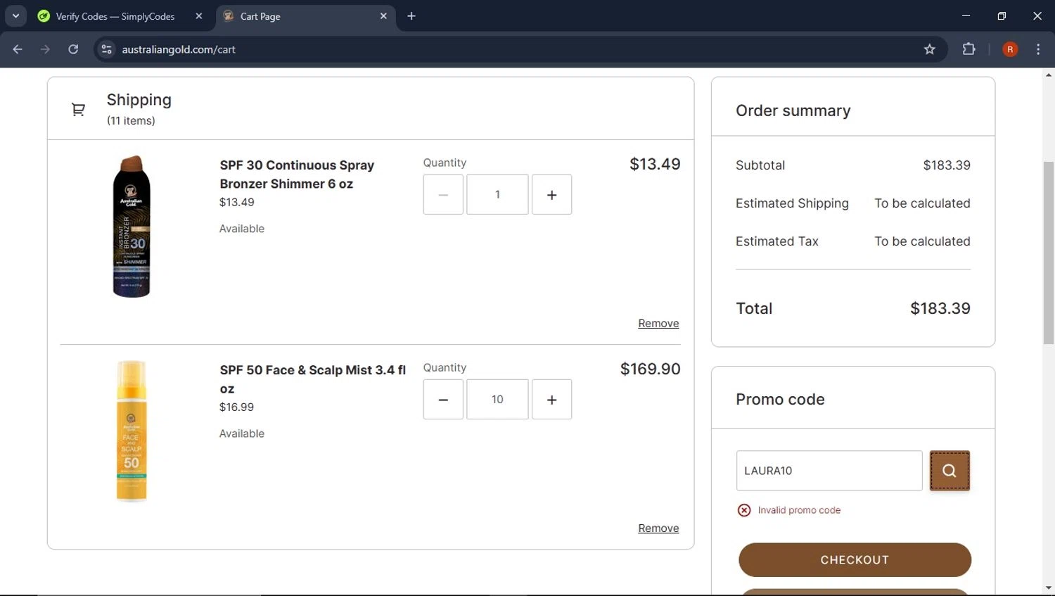 Australian Gold promo code screenshot showing code LAURA10 applied at Australian Gold checkout page. Uploaded by SimplyCodes community member CoinPro7401 on Feb 14, 2025