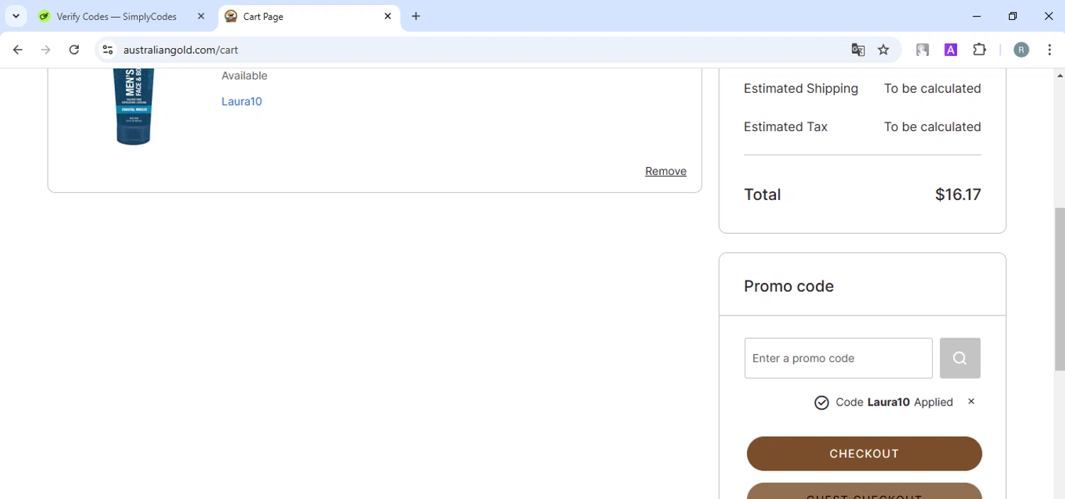 Australian Gold checkout page showing Australian Gold promo code box | Screenshot taken by SimplyCodes community member on Dec 21, 2024