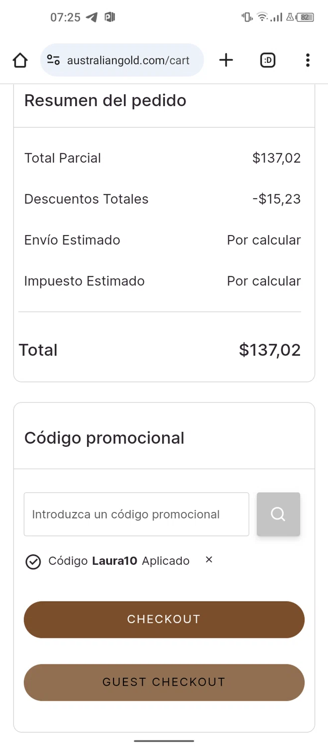 Australian Gold checkout page showing Australian Gold promo code box | Screenshot taken by SimplyCodes community member on Nov 22, 2024