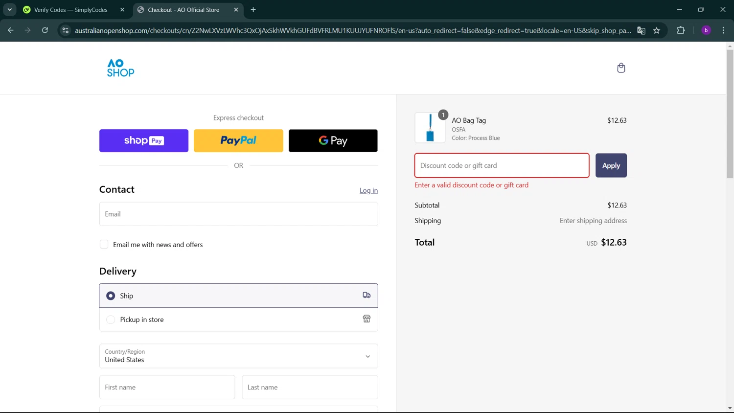 Australian Open Shop discount code screenshot showing code AOSALE30 applied at Australian Open Shop checkout page. Uploaded by SimplyCodes community member RoyalSleuth2430 on Jan 18, 2025