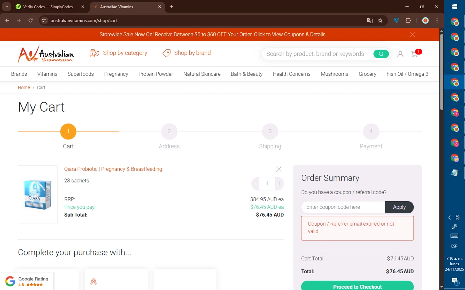 AustralianVitamins.com coupon code screenshot showing code FLASH20 applied at AustralianVitamins.com checkout page. Uploaded by SimplyCodes community member DealElite4728 on Nov 24, 2025