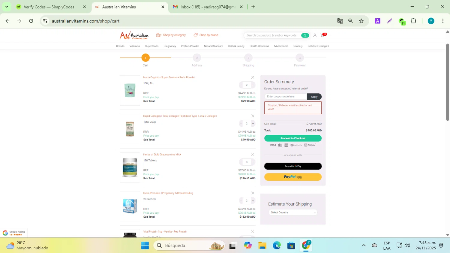 AustralianVitamins.com coupon code screenshot showing code FLASH20 applied at AustralianVitamins.com checkout page. Uploaded by SimplyCodes community member yadiracg074 on Nov 24, 2025