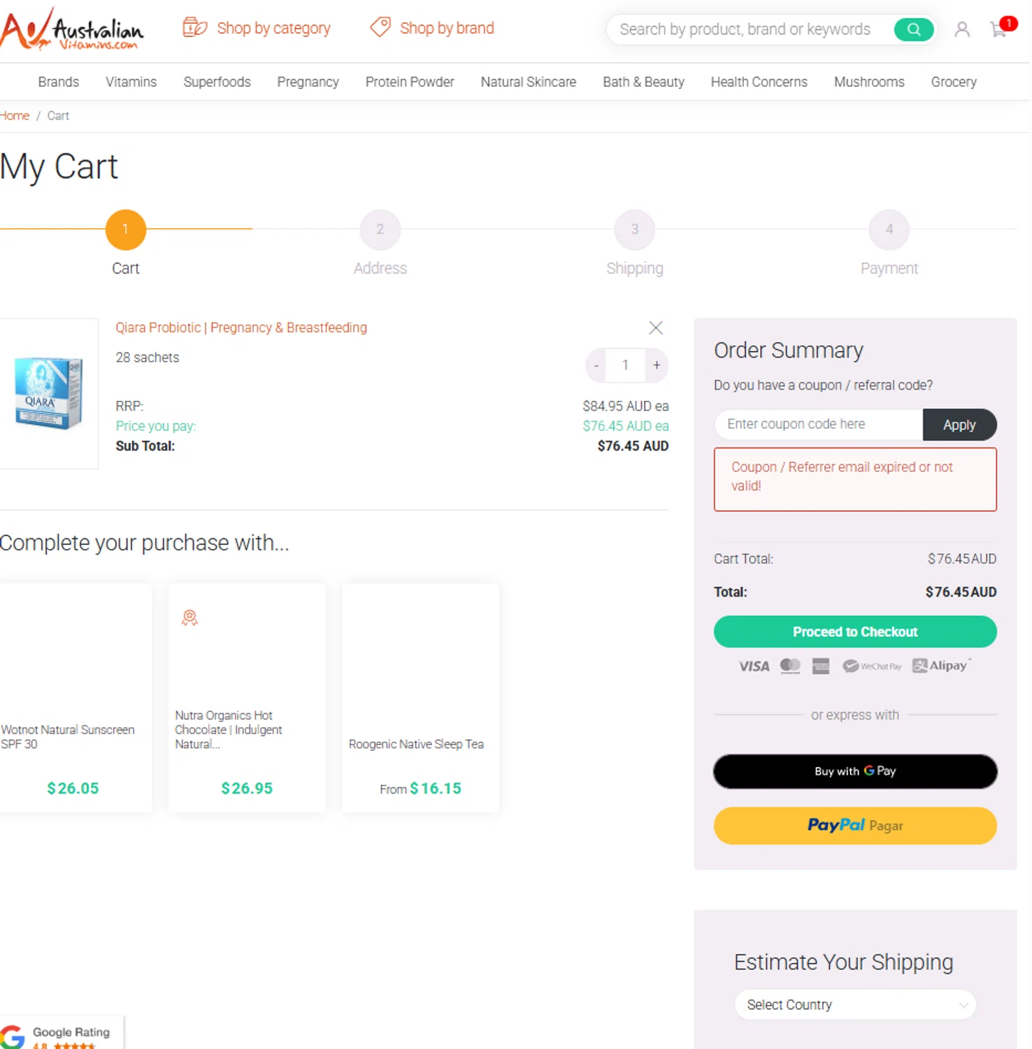 AustralianVitamins.com coupon code screenshot showing code FLASH10 applied at AustralianVitamins.com checkout page. Uploaded by SimplyCodes community member reggiesmith on Jan 19, 2026