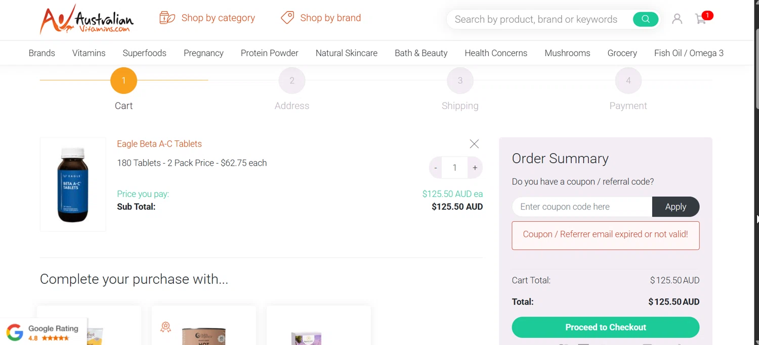 AustralianVitamins.com coupon code screenshot showing code FLASH45 applied at AustralianVitamins.com checkout page. Uploaded by SimplyCodes community member BonusPro457 on Nov 24, 2025