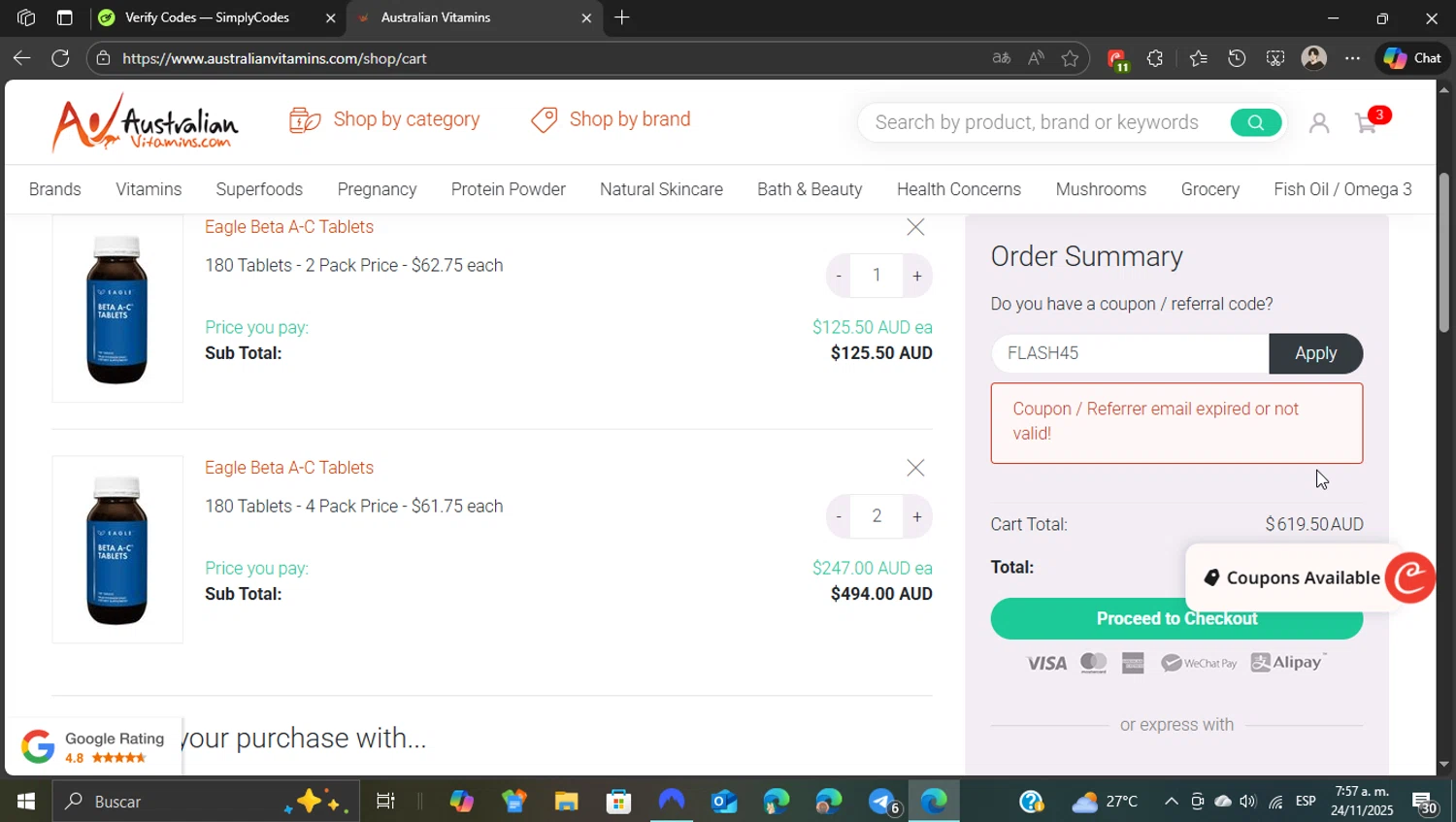 AustralianVitamins.com coupon code screenshot showing code FLASH45 applied at AustralianVitamins.com checkout page. Uploaded by SimplyCodes community member WonderKnight7884 on Nov 24, 2025