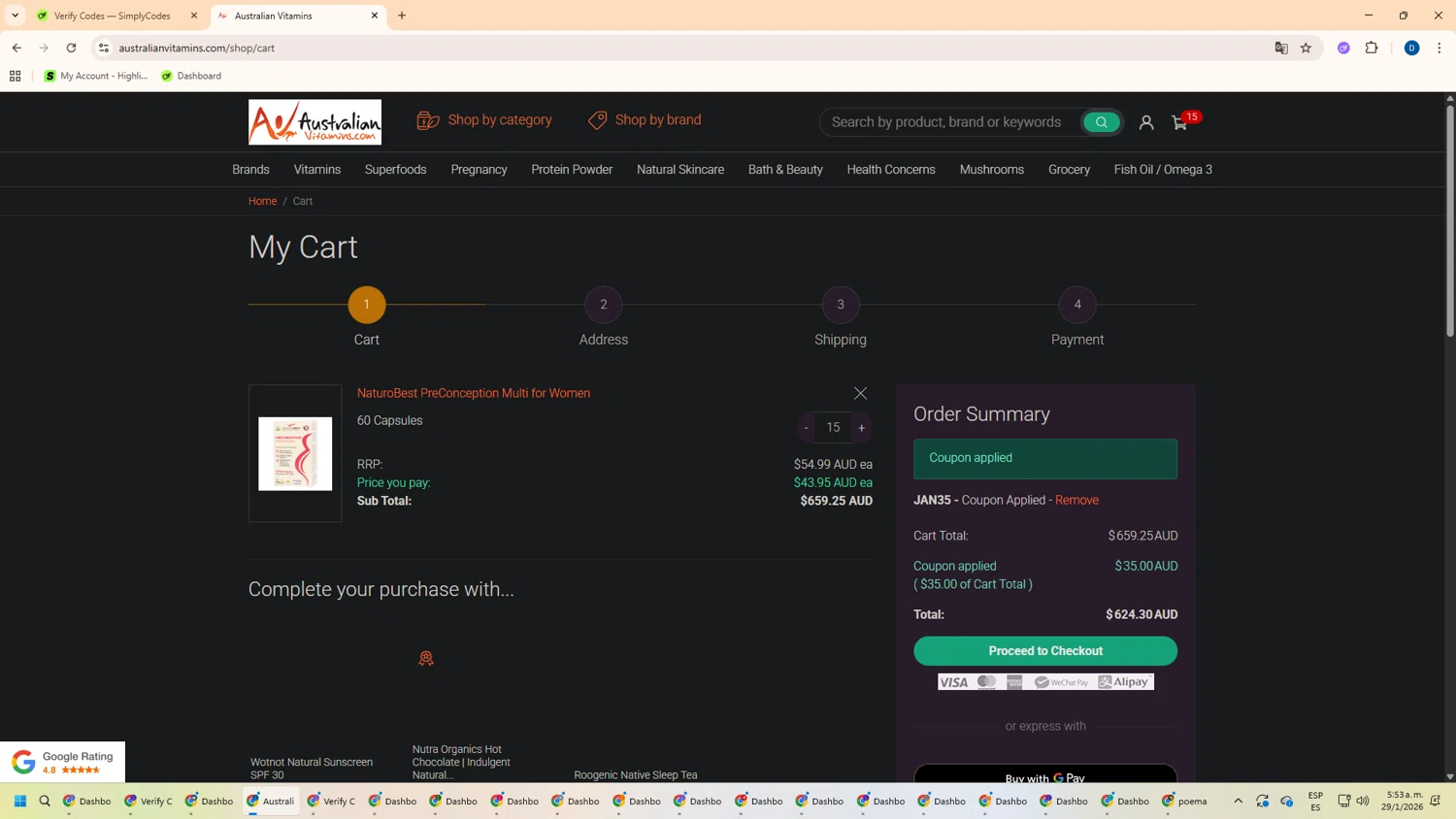 AustralianVitamins.com checkout page showing AustralianVitamins.com coupon code box | Screenshot taken by SimplyCodes community member on Jan 29, 2026