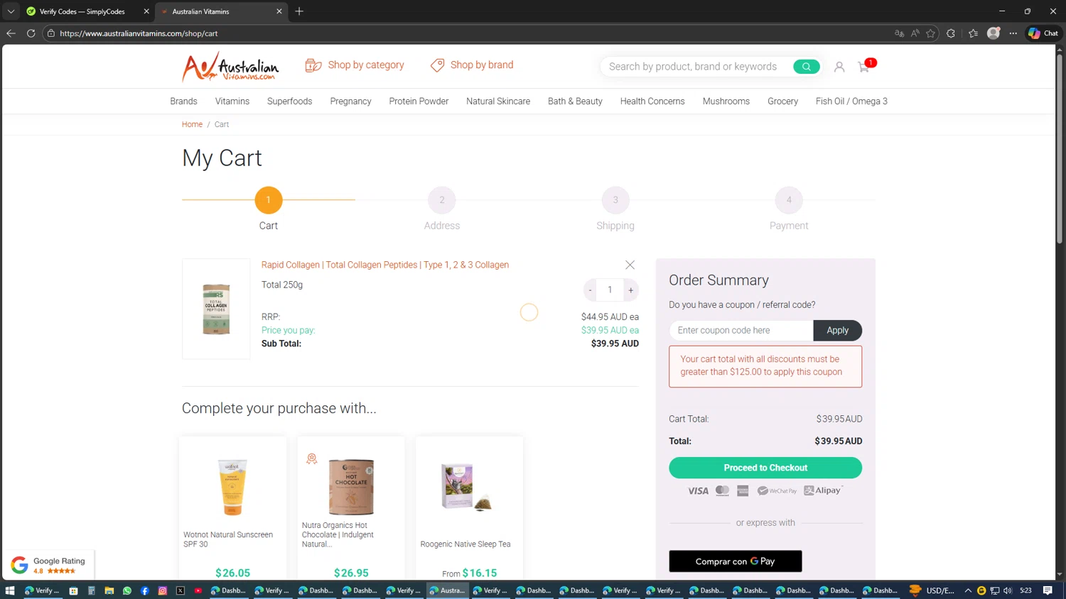 AustralianVitamins.com coupon code screenshot showing code FIRSTORDER applied at AustralianVitamins.com checkout page. Uploaded by SimplyCodes community member AVATIGRITO on Feb 8, 2026