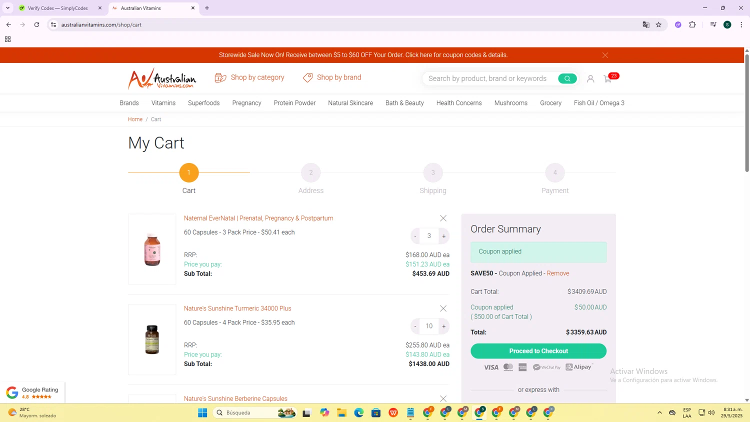 AustralianVitamins.com coupon code screenshot showing code save50 applied at AustralianVitamins.com checkout page. Uploaded by SimplyCodes community member PromoExpert3105 on May 29, 2025