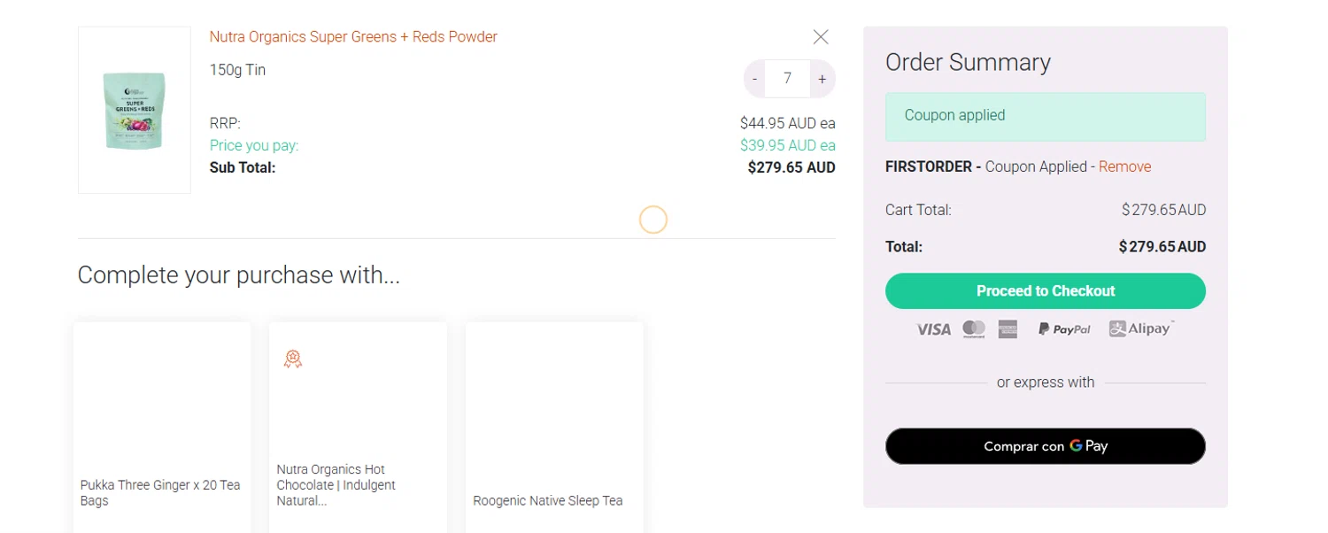 AustralianVitamins.com coupon code screenshot showing code FIRSTORDER applied at AustralianVitamins.com checkout page. Uploaded by SimplyCodes community member CrownSleuth7125 on Mar 3, 2025