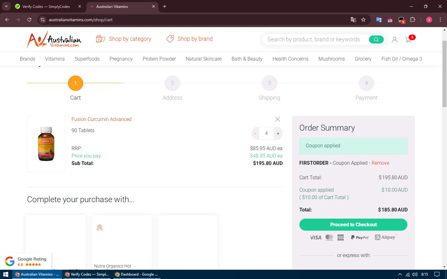 AustralianVitamins.com coupon code screenshot showing code FIRSTORDER applied at AustralianVitamins.com checkout page. Uploaded by SimplyCodes community member ThriftyMaestro5086 on Mar 3, 2025